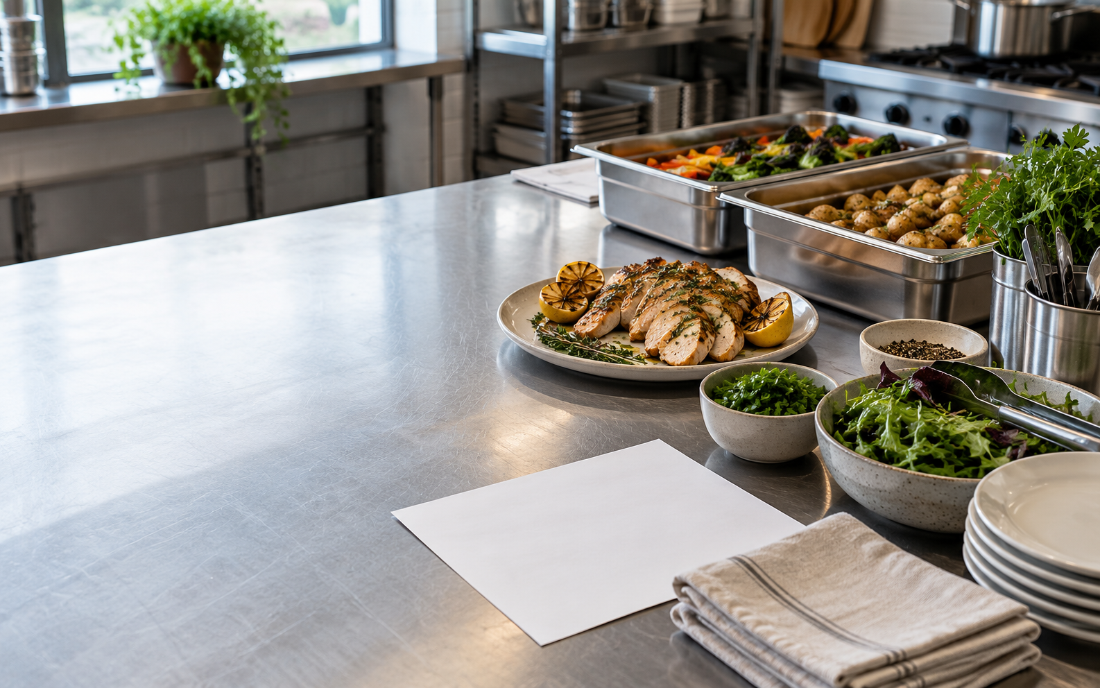 Prepared food and service trays on a caterer's kitchen worktable.